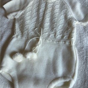 Cream Knit Baby Romper with Pom Poms